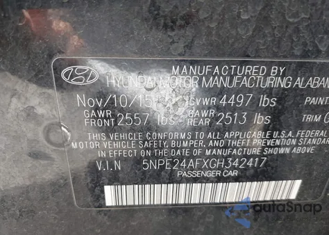 2016 Hyundai Sonata Se from USA, damaged, VIN 5NPE24AFXGH342417